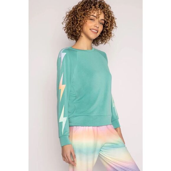 PJ Salvage Good Vibes Lighting Bolt Pajama Top Sea Green Size S - Picture 3 of 12